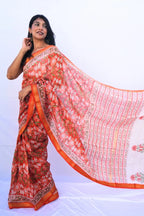 Maheshwari cotton silk Bagru hand block printed saree in coral orange floral – Noolagam