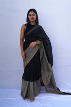 Maheshwari cotton silk saree in black and ivory window checks with zari border – Noolagam
