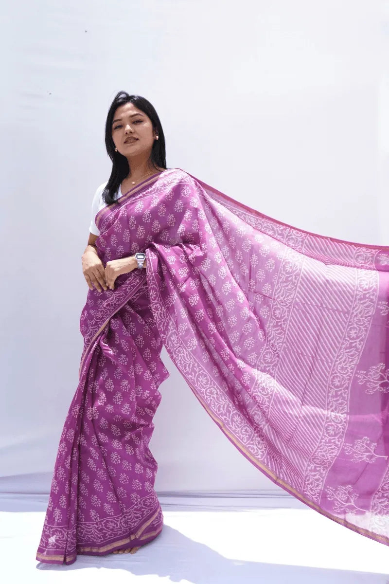 Maheshwari cotton silk Bagru hand block printed saree in coral orange floral – Noolagam_3