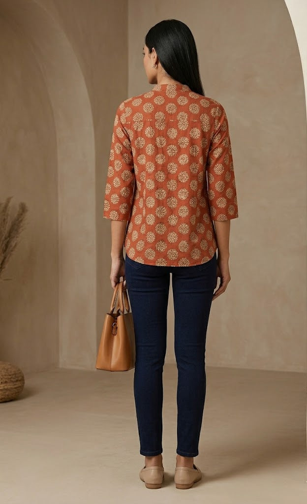 Rust Brown Hand Block Printed Cotton Top