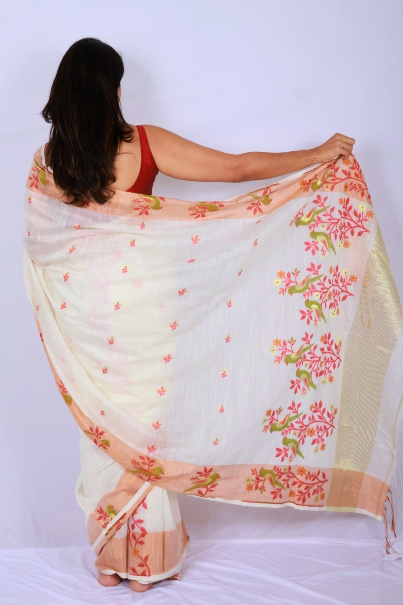 Phulia Handwoven Khadi Saree ‚ Off White with Coral Floral Woven Motifs