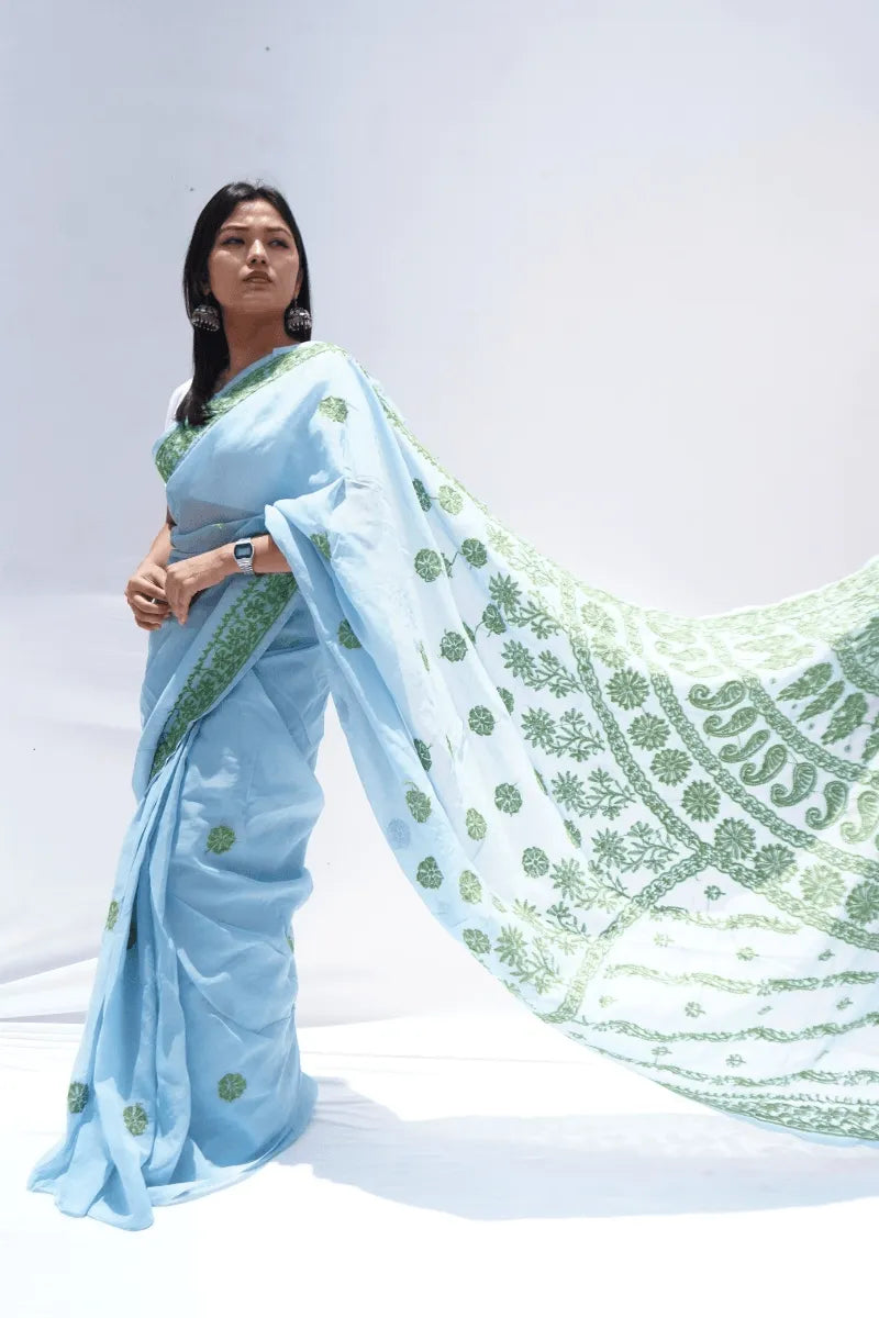 Handwoven Chanderi cotton saree with Chikankari embroidery in sage green – Noolagam_3