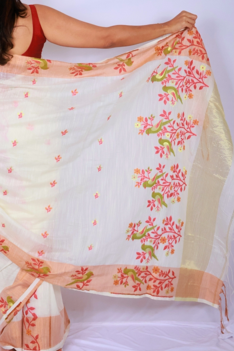 Phulia Handwoven Khadi Saree ‚ Off White with Coral Floral Woven Motifs