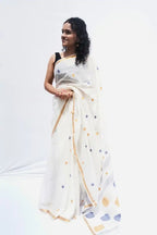 Handloom Mul Cotton Saree in ivory with mustard and indigo woven motifs – Noolagam-5