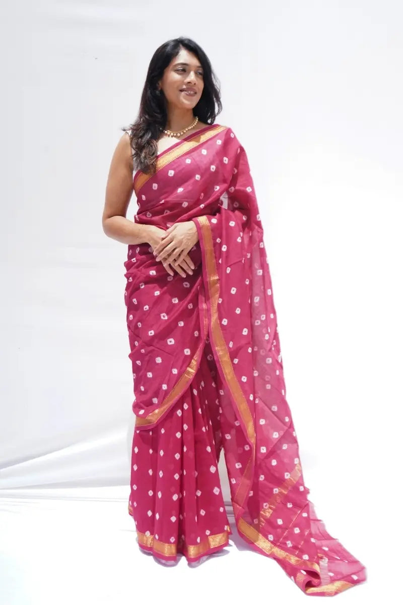 Maheshwari Silk Cotton Bandhani Saree a Rani Pink
