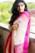 Ganga Jamuna Paar Khadi Cotton Saree with Pink & White Buttas_1