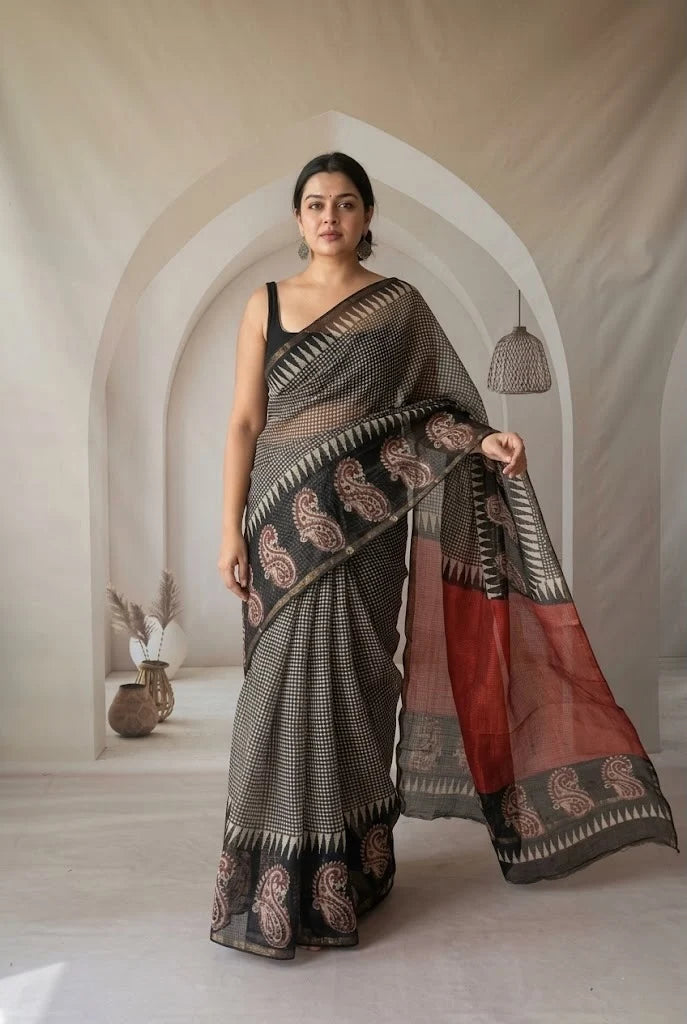 Crimson Red Bandhani Kota Doria Saree_1