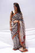 Maheshwari Silk Cotton Striped Saree – Blue & Ivory