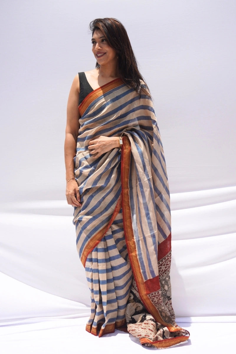 Maheshwari Silk Cotton Striped Saree – Blue & Ivory_1