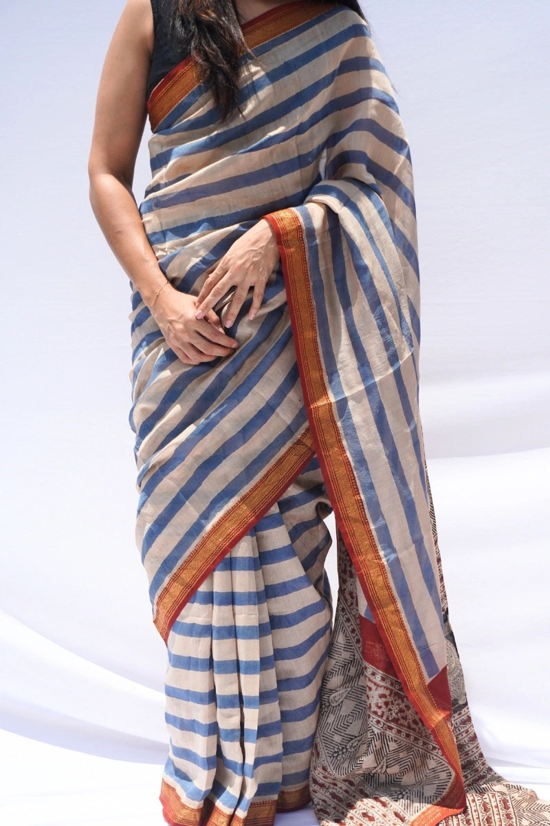 Maheshwari Silk Cotton Striped Saree – Blue & Ivory_2