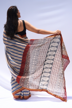 Maheshwari Silk Cotton Striped Saree – Blue & Ivory