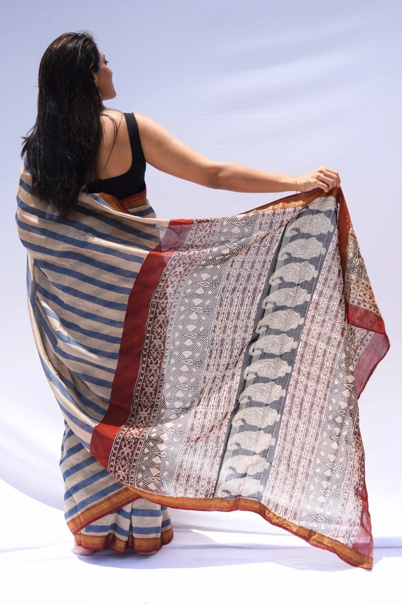 Maheshwari Silk Cotton Striped Saree – Blue & Ivory_3