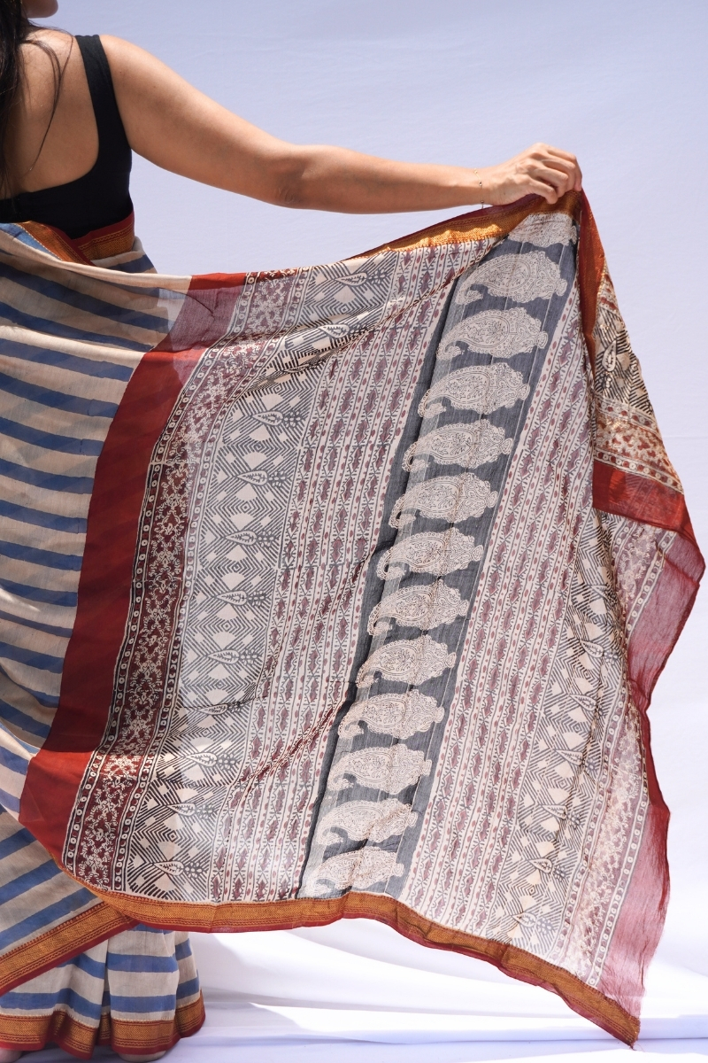 Maheshwari Silk Cotton Striped Saree – Blue & Ivory