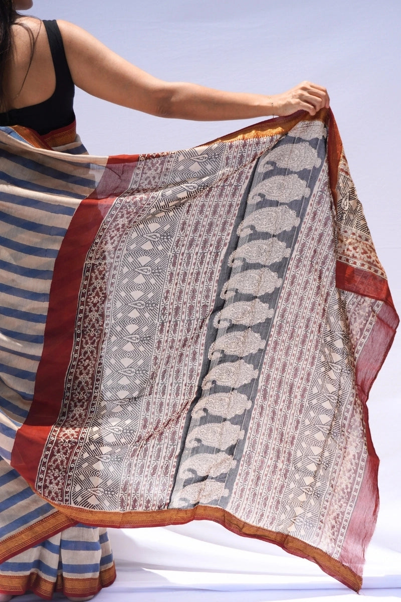 Maheshwari Silk Cotton Striped Saree – Blue & Ivory_4