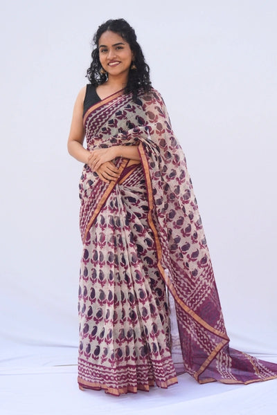 Jamuni Kota Doria Hand Block Printed Saree – Plum, Ivory & Wine