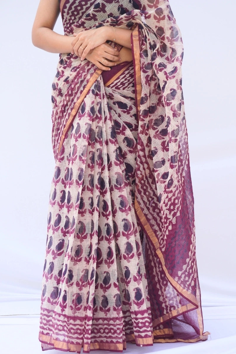 Jamuni Kota Doria Hand Block Printed Saree – Plum, Ivory & Wine