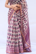 Jamuni Kota Doria Hand Block Printed Saree – Plum, Ivory & Wine