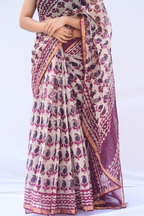 Jamuni Kota Doria Hand Block Printed Saree – Plum, Ivory & Wine