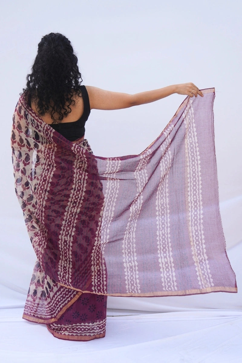 Jamuni Kota Doria Hand Block Printed Saree – Plum, Ivory & Wine