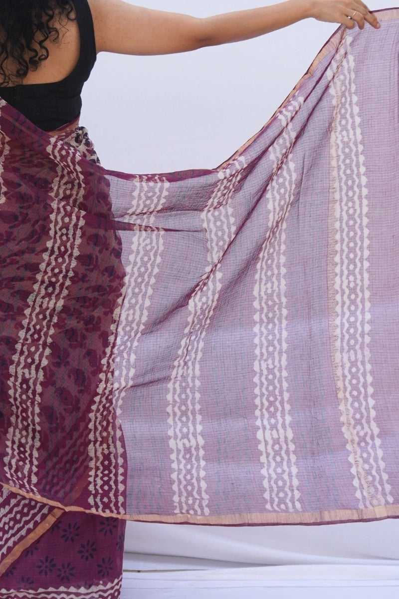 Jamuni Kota Doria Hand Block Printed Saree – Plum, Ivory & Wine