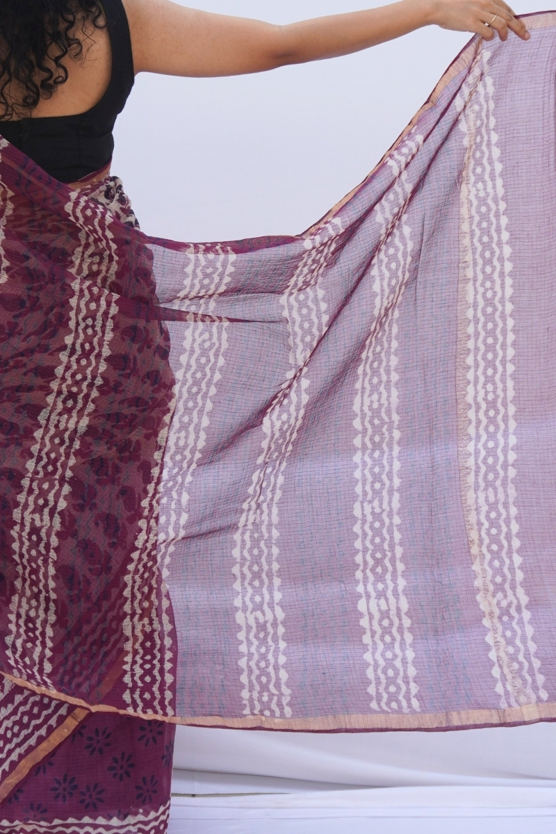 Jamuni Kota Doria Hand Block Printed Saree – Plum, Ivory & Wine