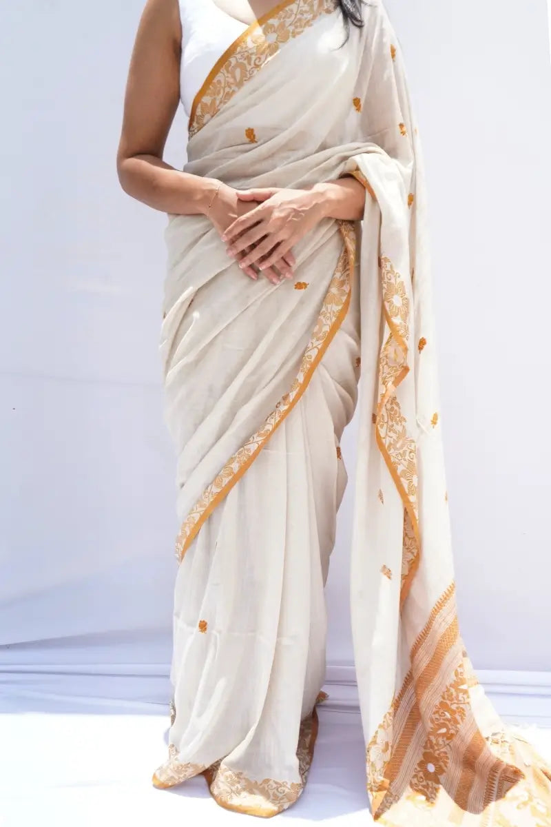 Bishnupuriinspiredpurekhadicottonsareeinivoryandmustardwithwovenpallu_Noolagam_2