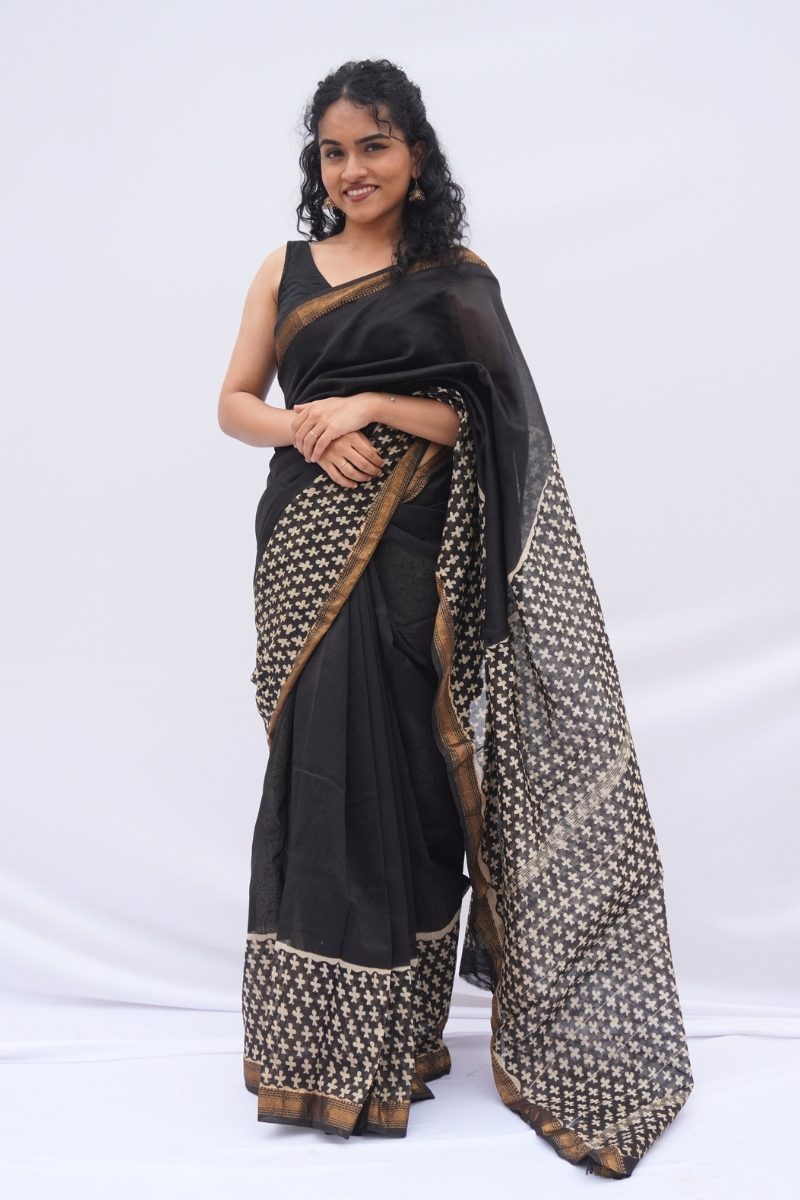 Maheshwari Silk Cotton Saree – Black & Ivory