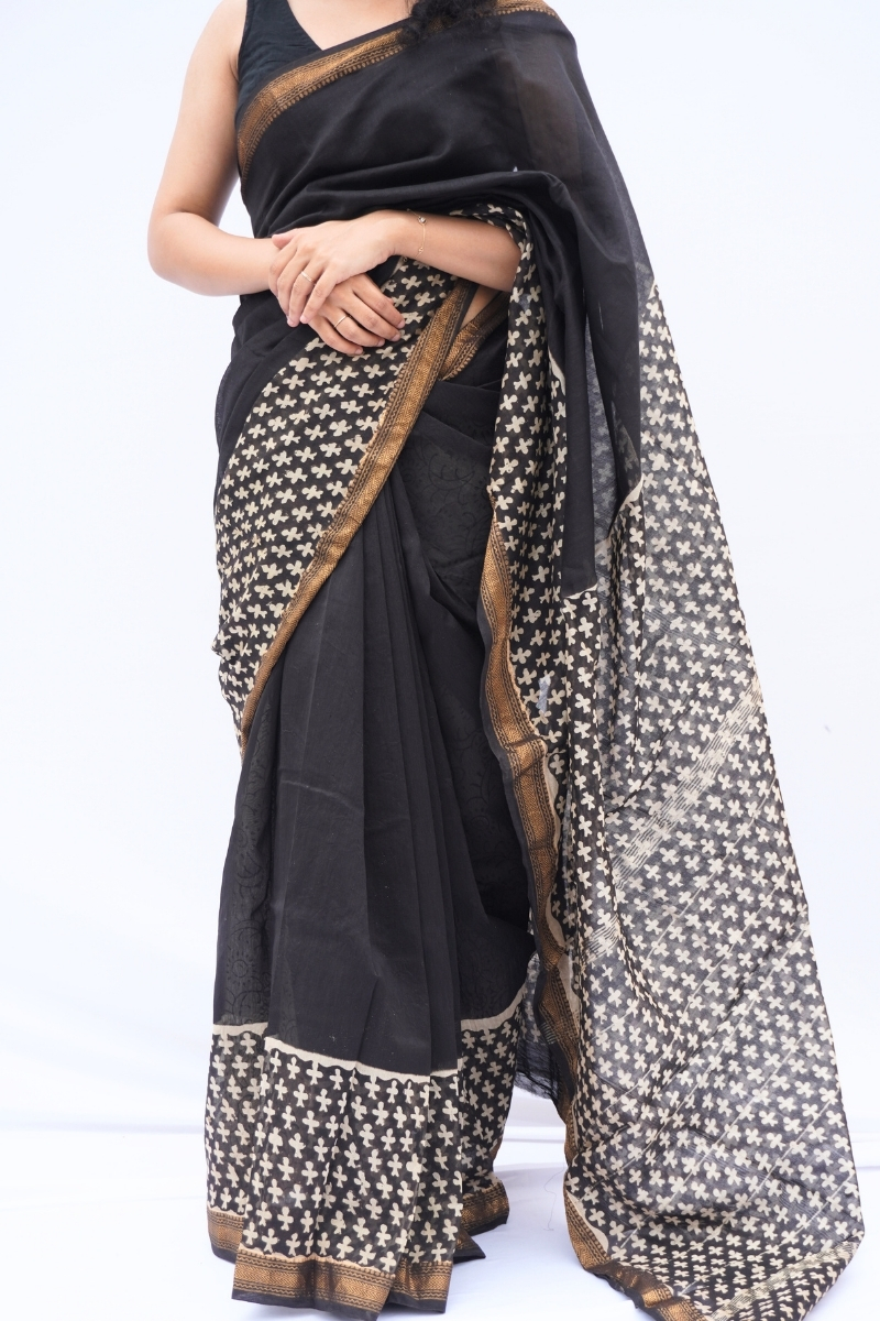 Maheshwari Silk Cotton Saree – Black & Ivory