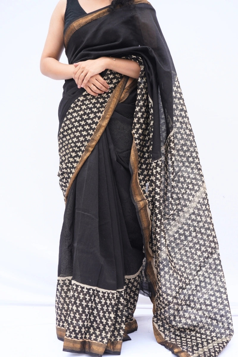 Maheshwari Silk Cotton Saree – Black & Ivory_2