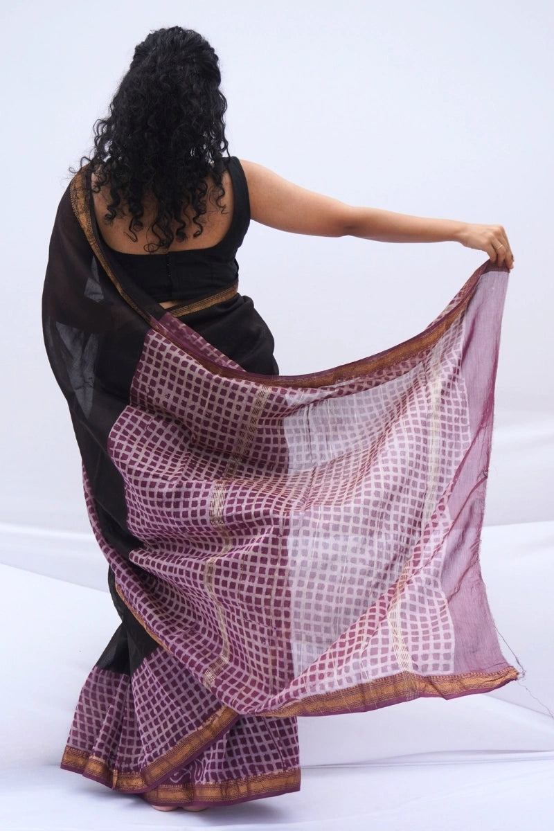 Maheshwari Silk Cotton Saree – Black & Mauve