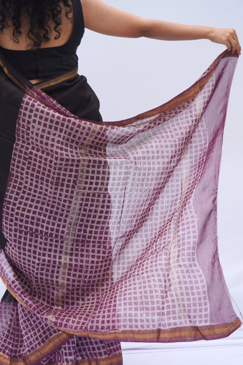Maheshwari Silk Cotton Saree – Black & Mauve