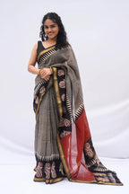 Maheshwari Silk Cotton Printed Saree – Black, Ivory & Madder Red_1