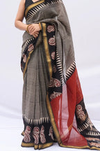 Maheshwari Silk Cotton Printed Saree – Black, Ivory & Madder Red_2