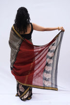Maheshwari Silk Cotton Printed Saree – Black, Ivory & Madder Red_3