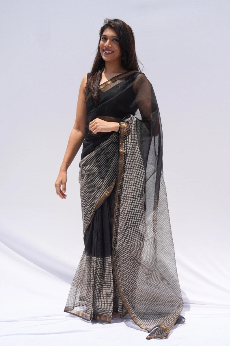 Noir Kota Doria Checkered Saree – Black, Ivory & Gold