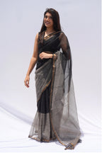 Noir Kota Doria Checkered Saree – Black, Ivory & Gold