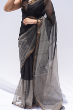 Noir Kota Doria Checkered Saree – Black, Ivory & Gold