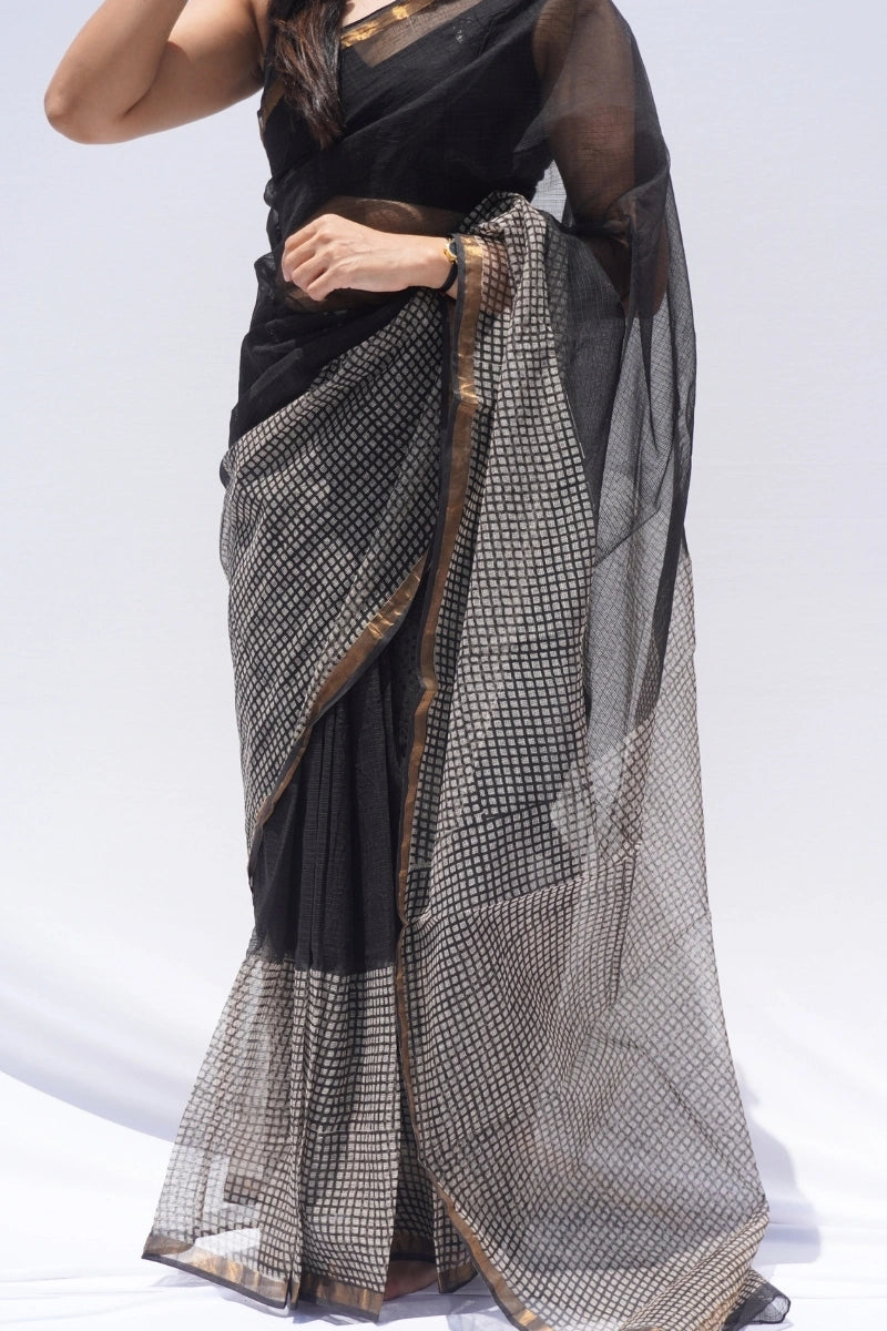 Noir Kota Doria Checkered Saree – Black, Ivory & Gold