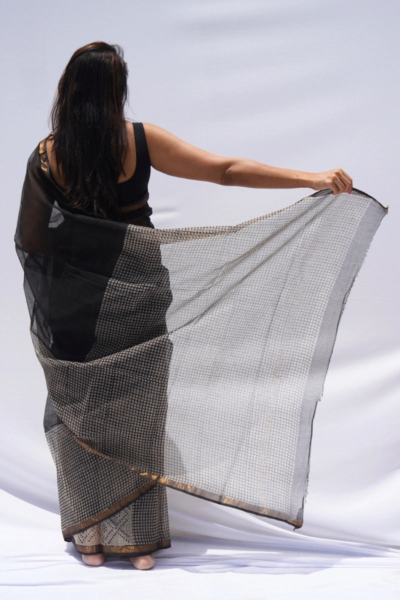Noir Kota Doria Checkered Saree – Black, Ivory & Gold