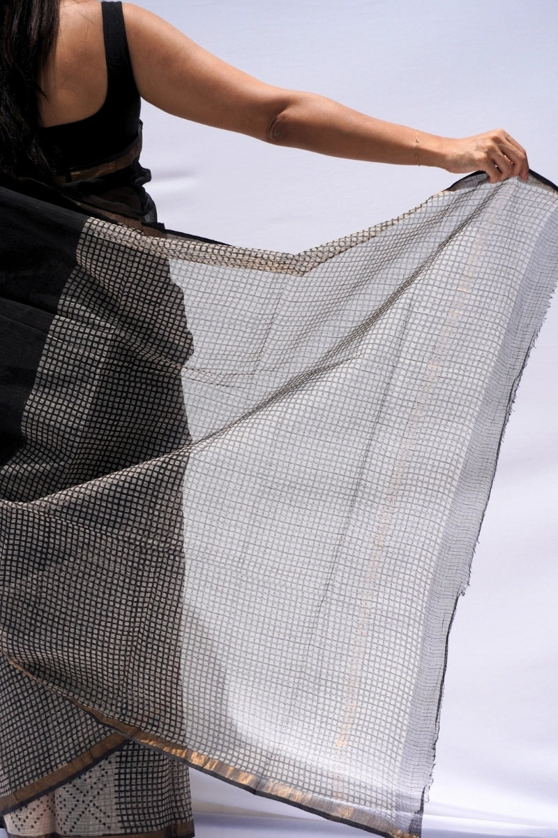 Noir Kota Doria Checkered Saree – Black, Ivory & Gold