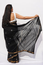 Maheshwari Silk Cotton Bandhani Saree – Black & Ivory