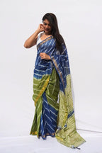 Maheshwari Silk Cotton Leheriya Saree – Indigo & Olive Green