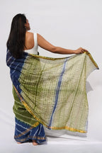 Maheshwari Silk Cotton Leheriya Saree – Indigo & Olive Green