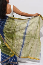 Maheshwari Silk Cotton Leheriya Saree – Indigo & Olive Green