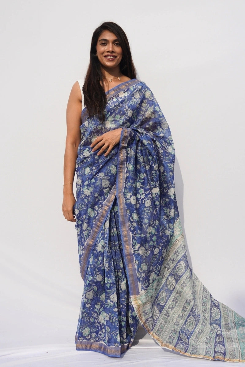 Maheshwari Silk Cotton Floral Printed Saree – Indigo & Powder Blue