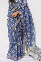 Maheshwari Silk Cotton Floral Printed Saree – Indigo & Powder Blue