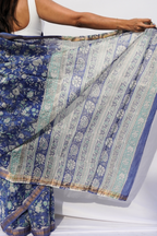 Maheshwari Silk Cotton Floral Printed Saree – Indigo & Powder Blue