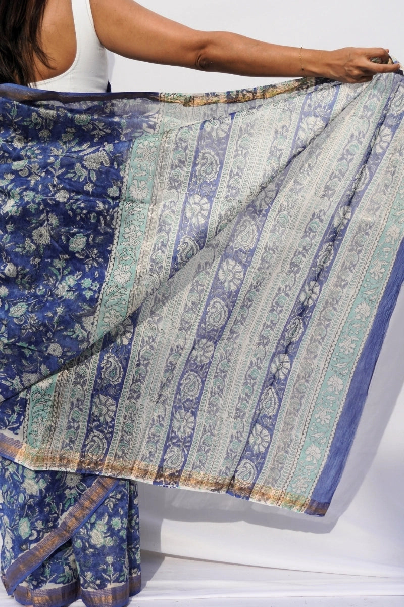 Maheshwari Silk Cotton Floral Printed Saree – Indigo & Powder Blue