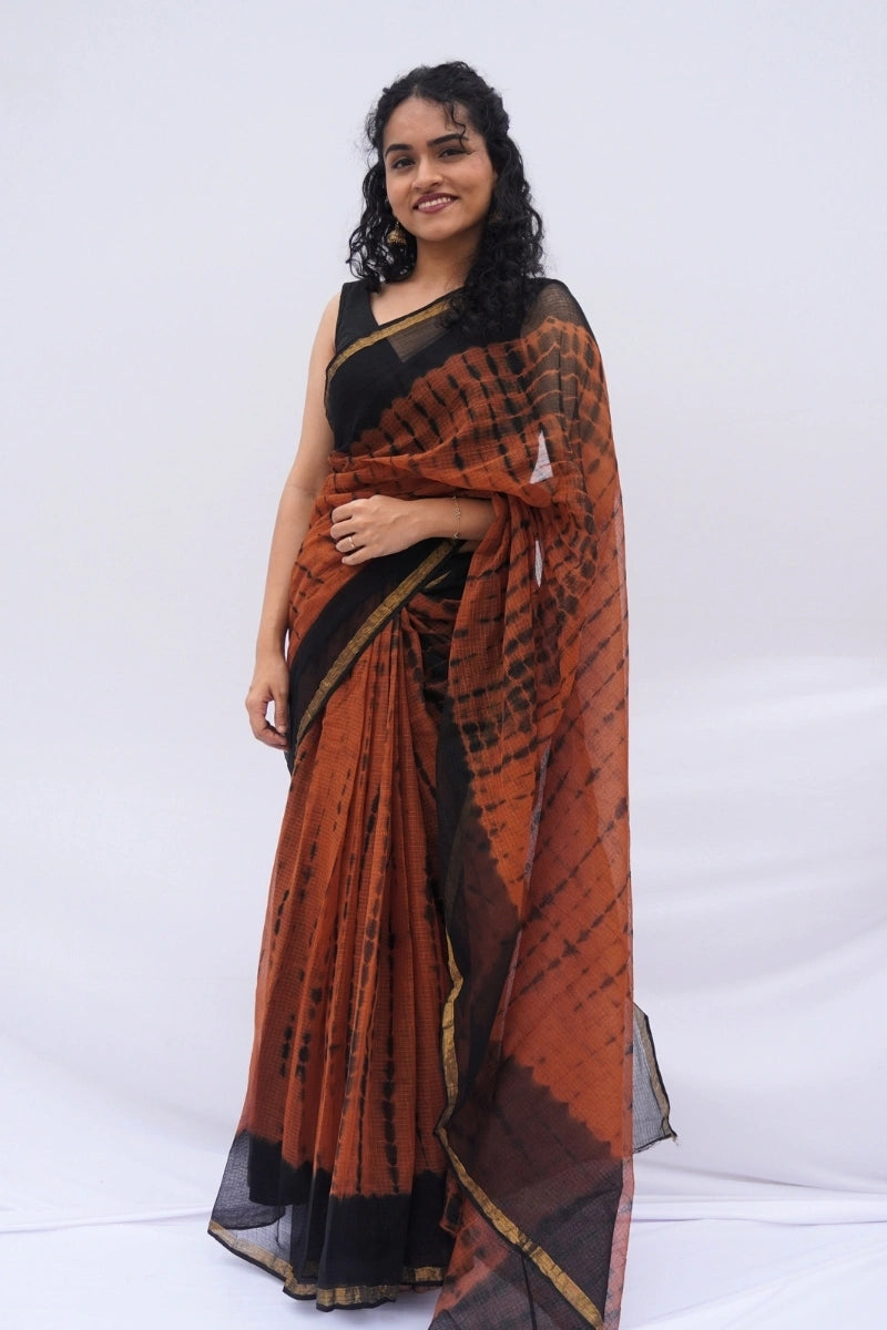 Rust & Black Kota Doria Shibori Saree – Rust, Black & Gold_1