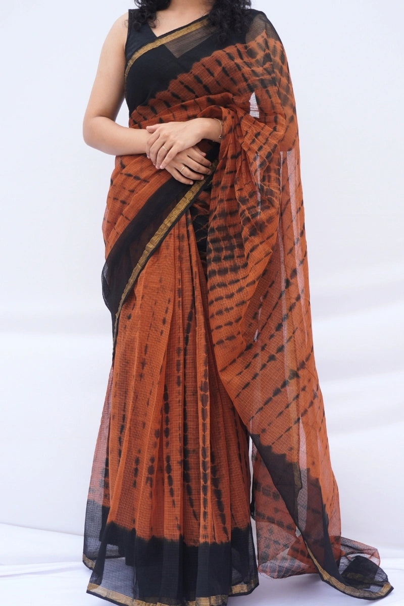 Rust & Black Kota Doria Shibori Saree – Rust, Black & Gold_2